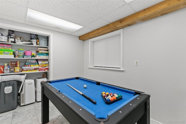 rec room with a paneled ceiling and billiards