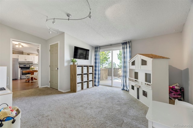 16580 Sagecreek Rd, Peyton, CO 80831 - recreation room with carpet flooring, a textured ceiling, vaulted ceiling, and track lighting