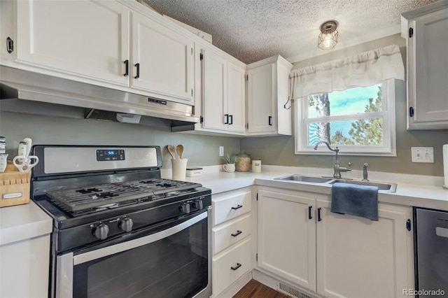16580 Sagecreek Rd, Peyton, CO 80831 - kitchen with appliances with stainless steel finishes, under cabinet range hood, a sink, light countertops, and white cabinetry