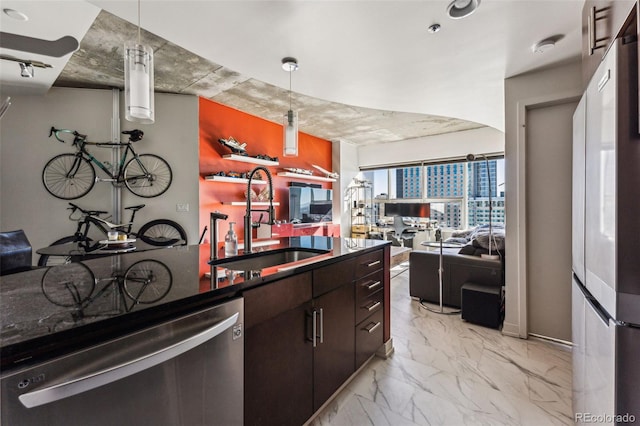 kitchen with dark brown cabinets, stainless steel dishwasher, and sink