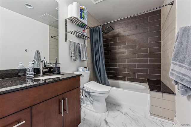 full bathroom featuring toilet, vanity, and shower / bathtub combination with curtain