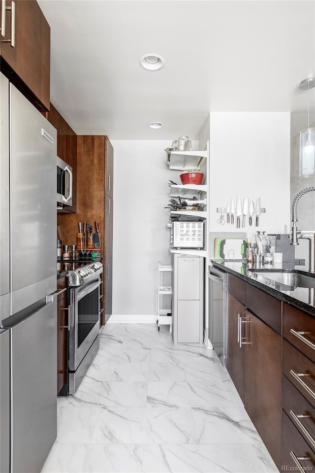 891 14th St Unit 2816, Denver, CO 80202 - kitchen with appliances with stainless steel finishes, dark stone counters, modern cabinets, a sink, and recessed lighting