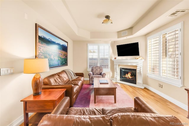 living room with hardwood / wood-style flooring and a tray ceiling