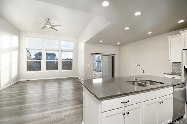 kitchen featuring white cabinetry, sink, ceiling fan, stainless steel dishwasher, and backsplash