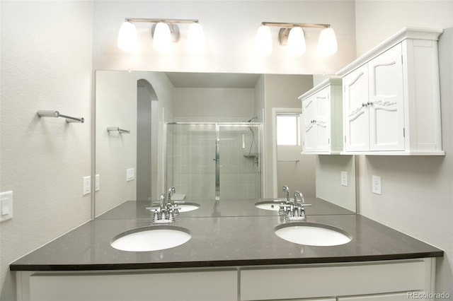 bathroom with vanity and a shower with shower door