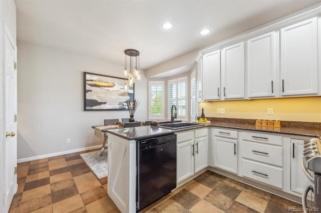 kitchen with black dishwasher, a sink, recessed lighting, white cabinets, and baseboards