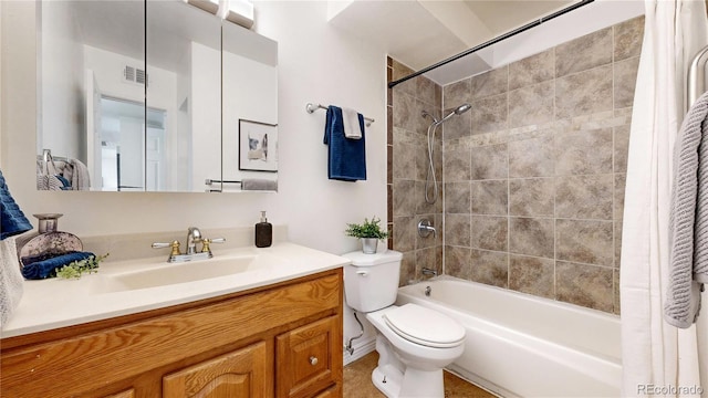 full bathroom featuring toilet, shower / bathtub combination with curtain, visible vents, and vanity