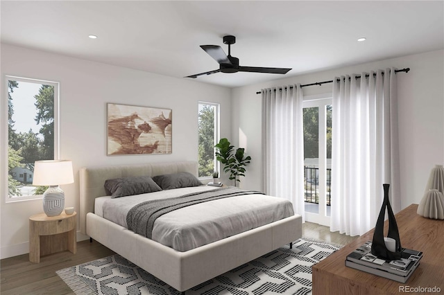 bedroom with recessed lighting, wood finished floors, ceiling fan, and access to outside