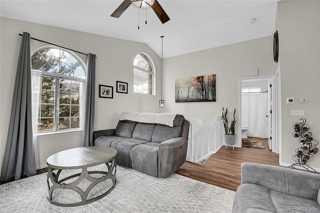 living room featuring a ceiling fan, vaulted ceiling, and wood finished floors