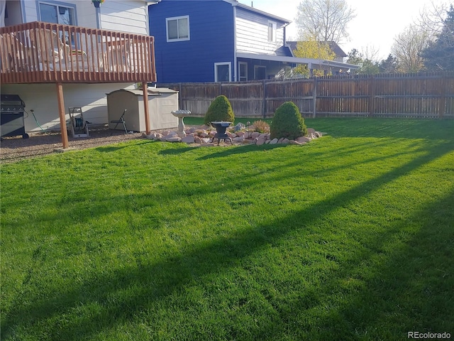 view of yard with a fenced backyard and a wooden deck