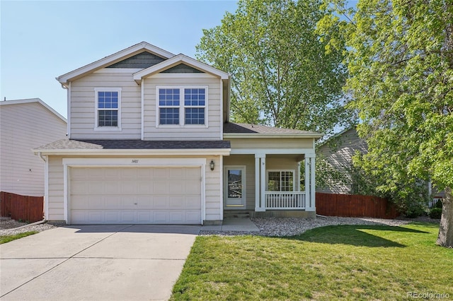 1481 Box Prairie Cir, Loveland, CO 80538 - view of front of house with a porch, concrete driveway, a garage, and roof with shingles