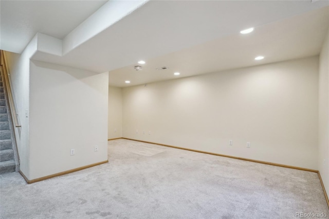 1481 Box Prairie Cir, Loveland, CO 80538 - finished below grade area featuring carpet flooring, recessed lighting, stairway, and baseboards