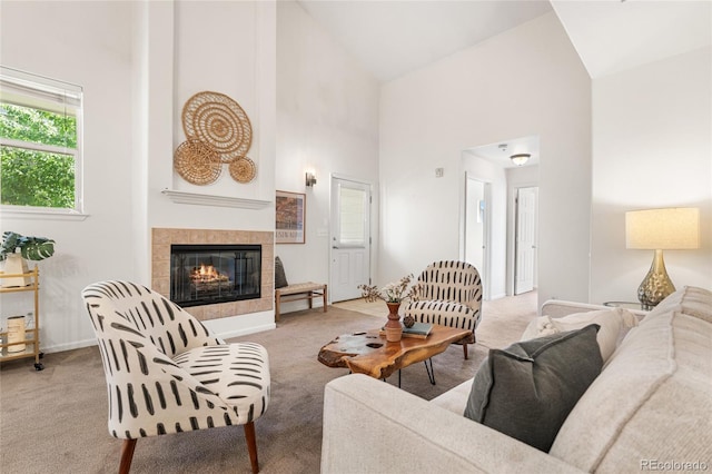 5444 Zephyr St Unit 203, Arvada, CO 80002 - living area featuring high vaulted ceiling, light colored carpet, a fireplace, and baseboards