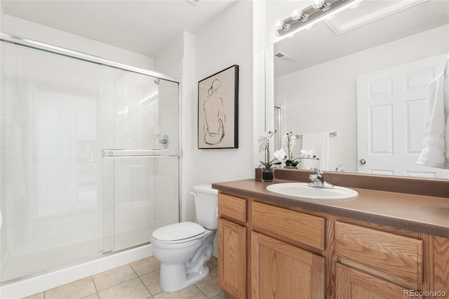 5444 Zephyr St Unit 203, Arvada, CO 80002 - bathroom with tile patterned flooring, toilet, a stall shower, and vanity