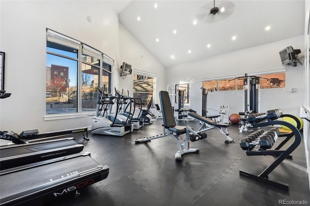 5444 Zephyr St Unit 203, Arvada, CO 80002 - gym with high vaulted ceiling and recessed lighting