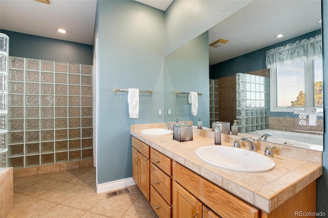 34274 Wolf Creek Trl, Kiowa, CO 80117 - bathroom featuring tile patterned flooring, double vanity, and a walk in shower