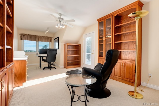 34274 Wolf Creek Trl, Kiowa, CO 80117 - office space featuring light carpet, baseboards, ceiling fan, and vaulted ceiling