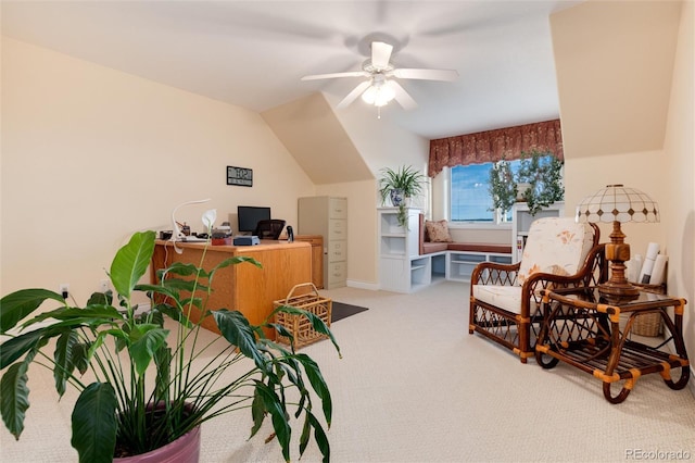 34274 Wolf Creek Trl, Kiowa, CO 80117 - home office featuring ceiling fan, light colored carpet, and vaulted ceiling