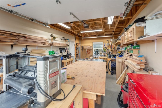 garage featuring a workshop area