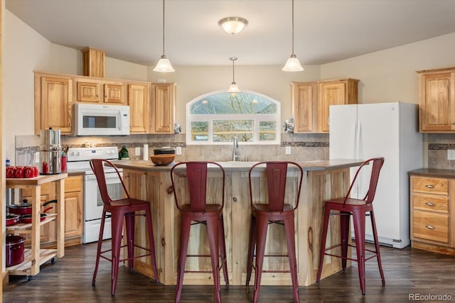 kitchen with dark wood-style flooring, backsplash, light brown cabinets, and white appliances