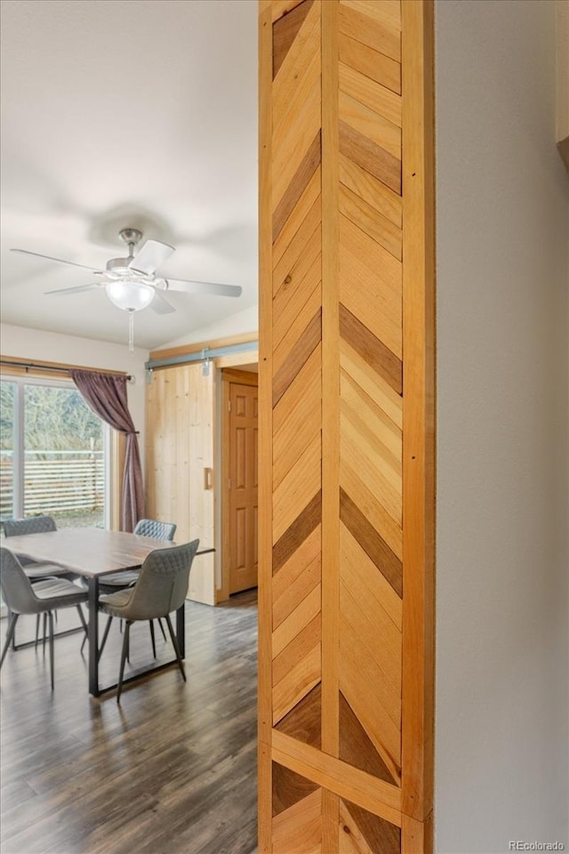 dining space featuring dark wood finished floors and ceiling fan