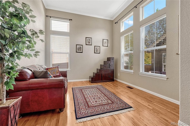 living area featuring hardwood / wood-style flooring, crown molding, and plenty of natural light