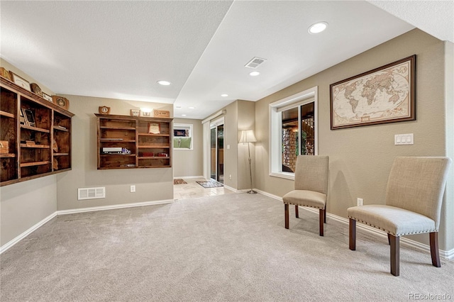 sitting room with a textured ceiling and light colored carpet