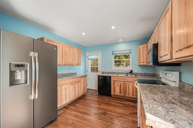 7834 S Windermere Cir, Littleton, CO 80120 - kitchen with stainless steel refrigerator with ice dispenser, black dishwasher, white range with electric stovetop, dark wood-type flooring, and recessed lighting