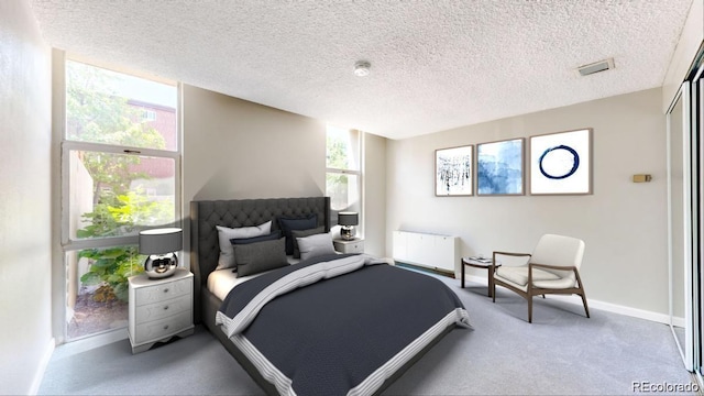 2500 S York St Unit 116, Denver, CO 80210 - carpeted bedroom featuring radiator heating unit and a textured ceiling