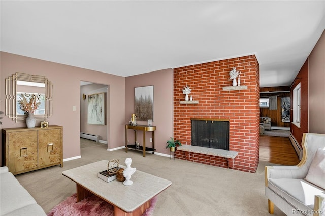 2920 S York St, Denver, CO 80210 - living room with a baseboard radiator, carpet, and a fireplace