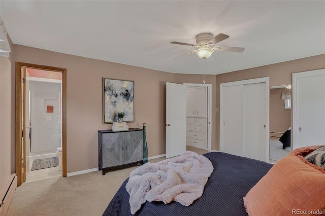 2920 S York St, Denver, CO 80210 - bedroom featuring a baseboard radiator, light carpet, connected bathroom, and ceiling fan