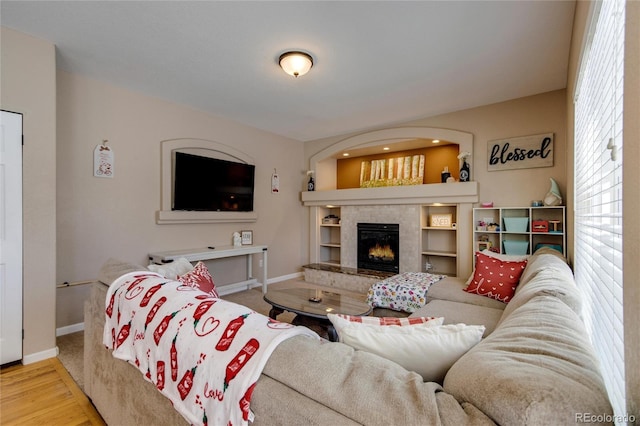 living room with a fireplace and light wood-type flooring