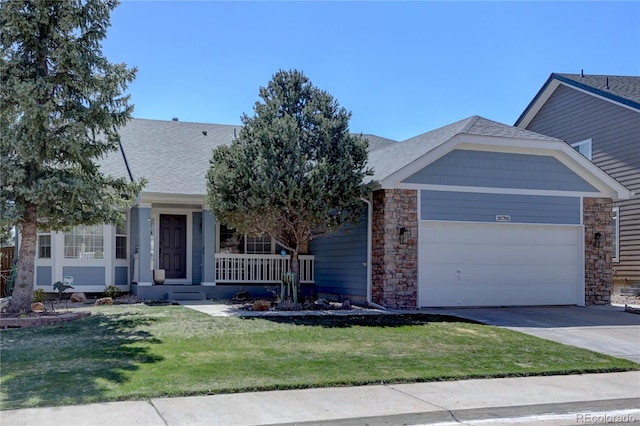 single story home with an attached garage, a shingled roof, driveway, and a front yard