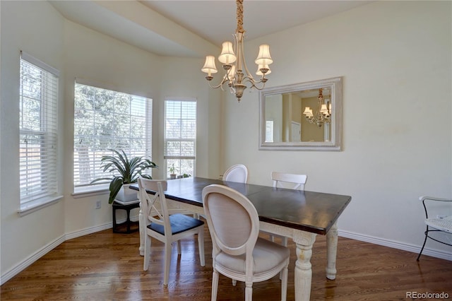 dining area with a healthy amount of sunlight, wood finished floors, and a notable chandelier