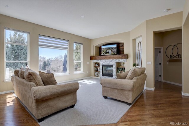living area featuring a fireplace, baseboards, and wood finished floors