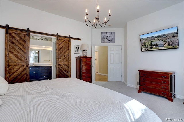 bedroom with carpet floors, a notable chandelier, a barn door, and baseboards