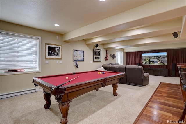 recreation room featuring baseboard heating, carpet flooring, billiards, and recessed lighting