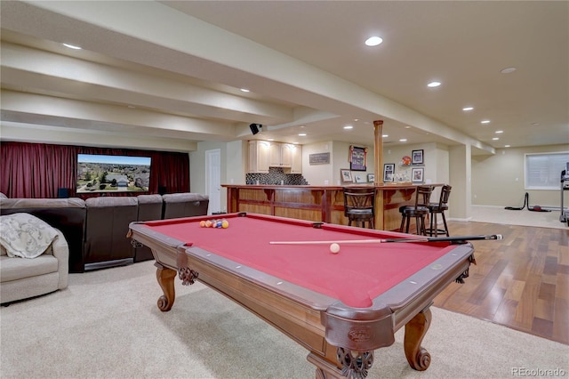 playroom with recessed lighting, indoor wet bar, baseboards, and billiards
