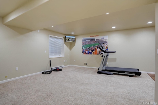 workout room featuring a baseboard radiator, recessed lighting, carpet flooring, and baseboards