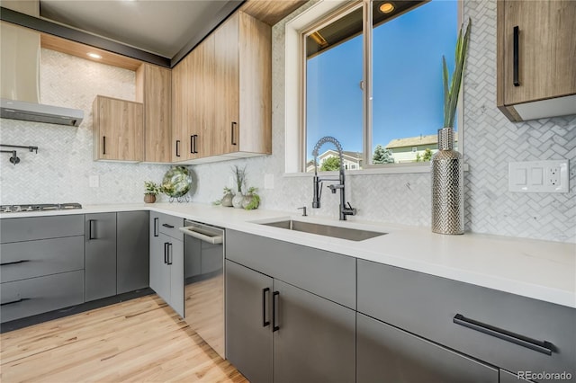 kitchen featuring light hardwood / wood-style flooring, wall chimney exhaust hood, tasteful backsplash, sink, and stainless steel appliances