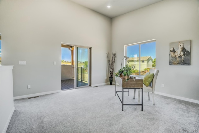 office area with a towering ceiling, light carpet, and a healthy amount of sunlight