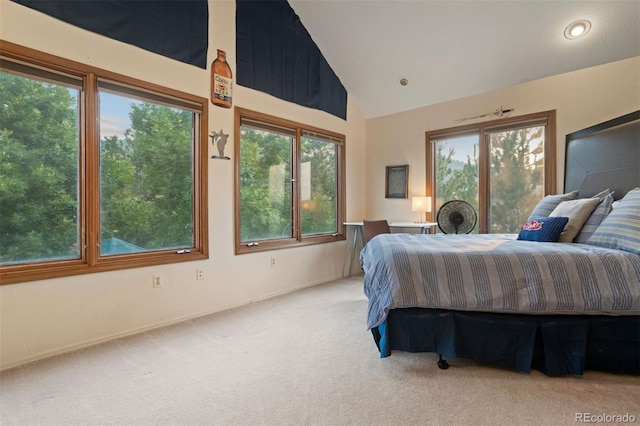 carpeted bedroom with high vaulted ceiling