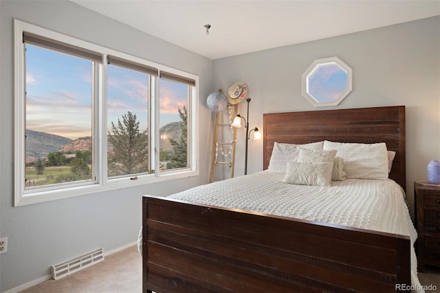 carpeted bedroom with a mountain view