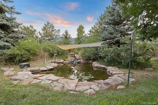 yard at dusk with a garden pond