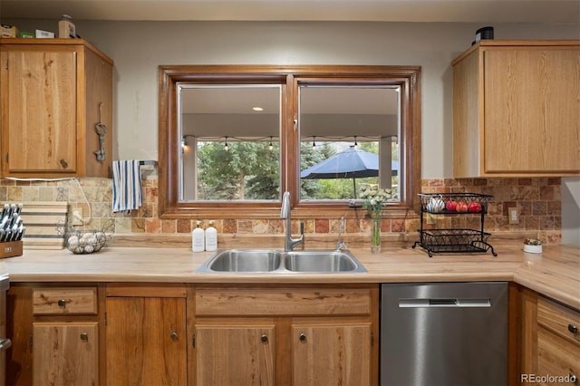 kitchen featuring backsplash, sink, and stainless steel dishwasher