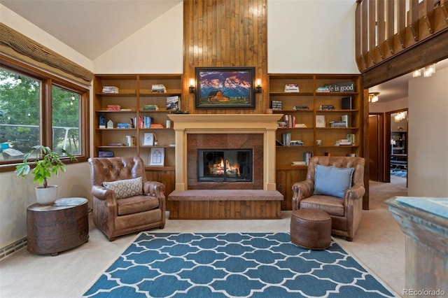 sitting room with carpet flooring and high vaulted ceiling