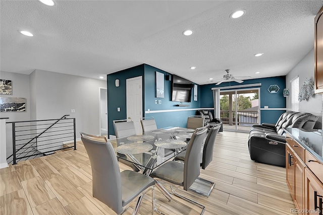 1922 Danube Way, Aurora, CO 80011 - dining space with a textured ceiling, a ceiling fan, wood tiled floors, and recessed lighting