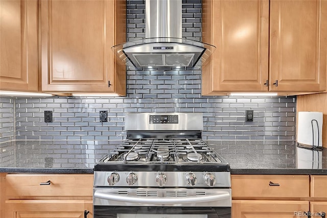 1922 Danube Way, Aurora, CO 80011 - kitchen with stainless steel range with gas stovetop, wall chimney exhaust hood, backsplash, and light brown cabinetry