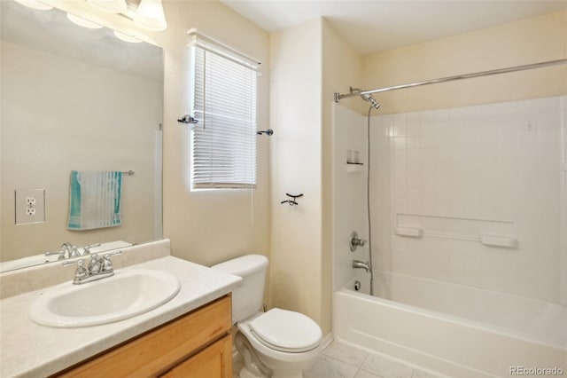 full bathroom featuring bathing tub / shower combination, tile patterned flooring, vanity, and toilet