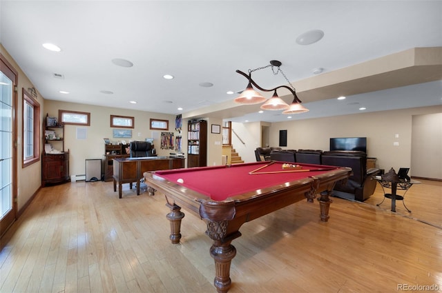 6535 Arequa Ridge Ln, Colorado Springs, CO 80919 - playroom featuring light wood finished floors, recessed lighting, pool table, baseboards, and a baseboard heating unit